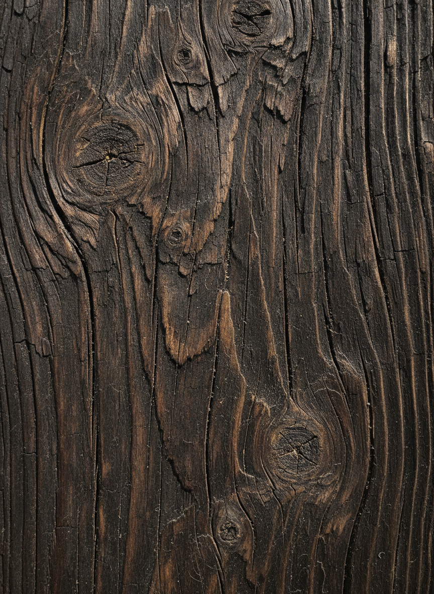 세월의 흔적이 느껴지는 어두운 나무 결의 상세한 근접 촬영 이미지.