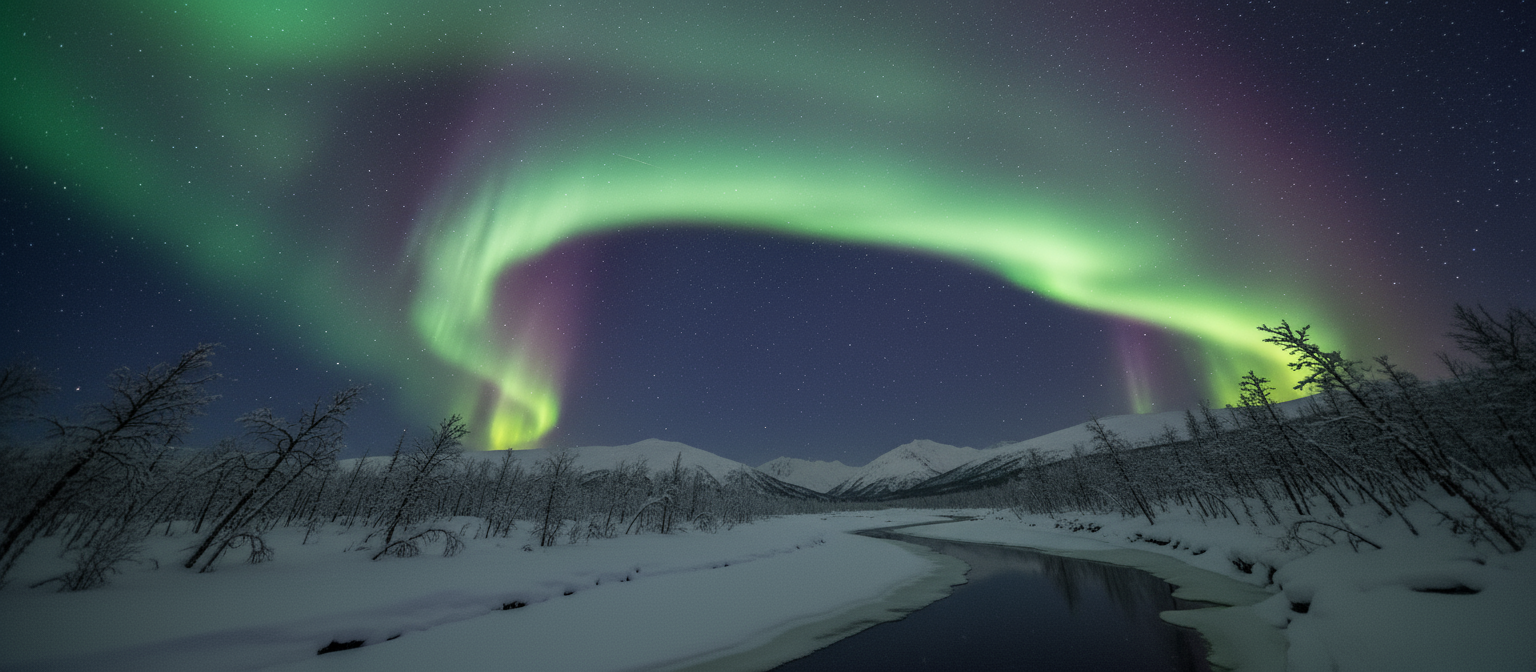 밤하늘에 펼쳐진 눈 덮인 풍경 위로 눈부시게 빛나는 오로라, 생생한 녹색과 보라색.