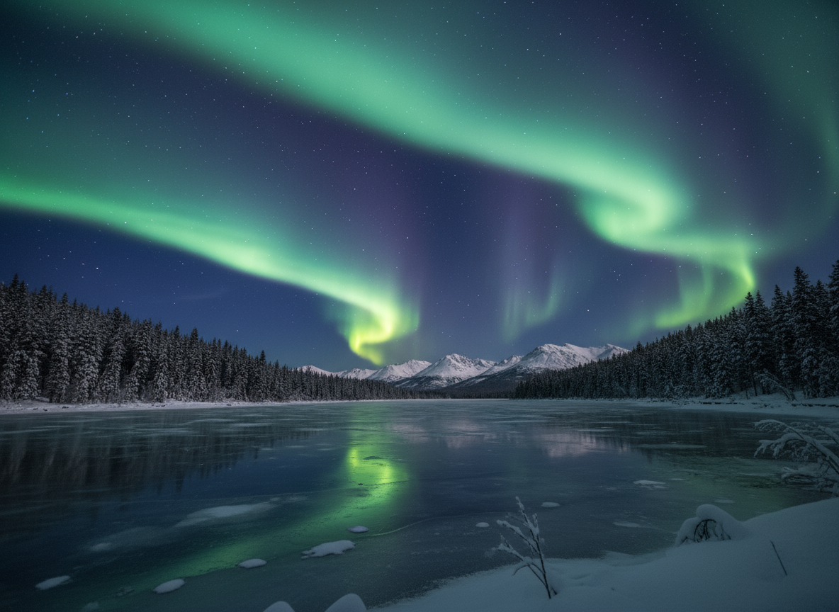 별이 빛나는 밤하늘 아래 눈 덮인 소나무 숲과 얼어붙은 호수 위로 펼쳐진 오로라.