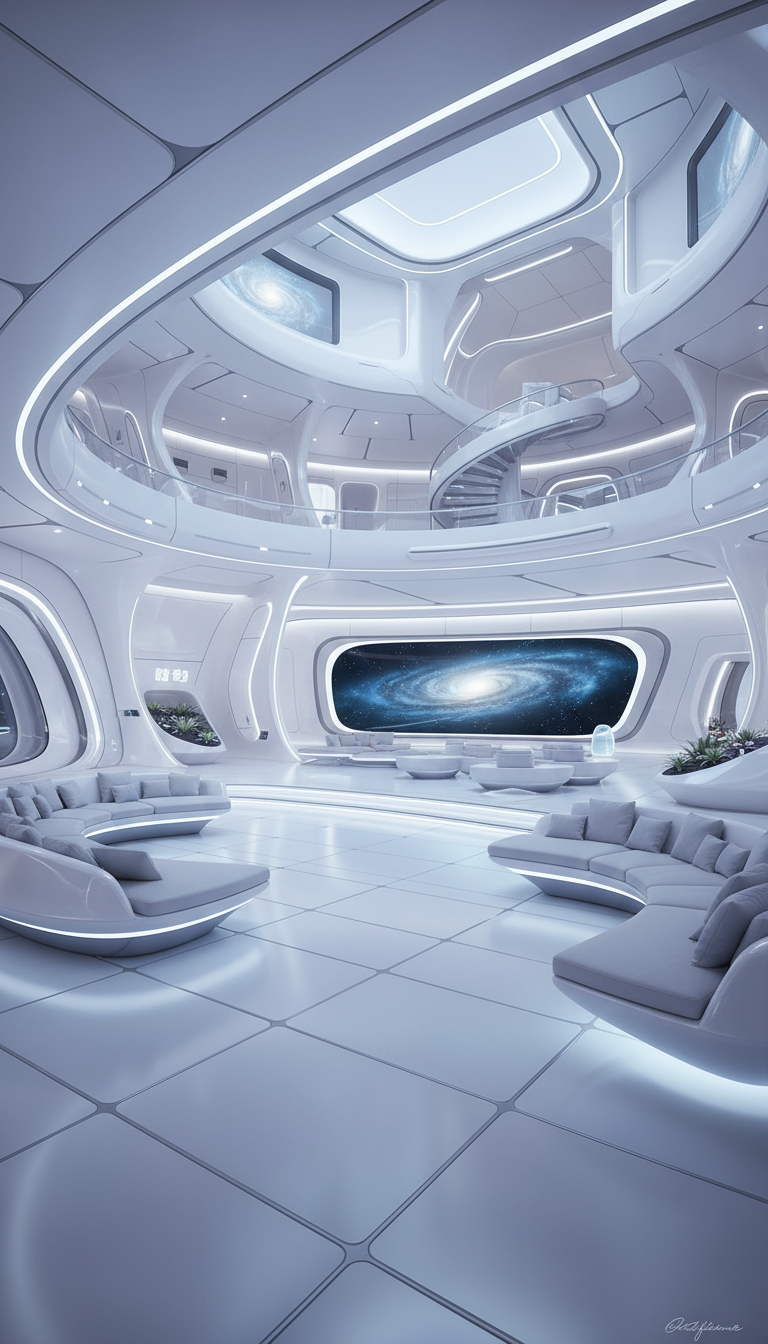 매끄러운 흰색과 은색 표면, 부드러운 주변 조명으로 이루어진 미래적인 인테리어.