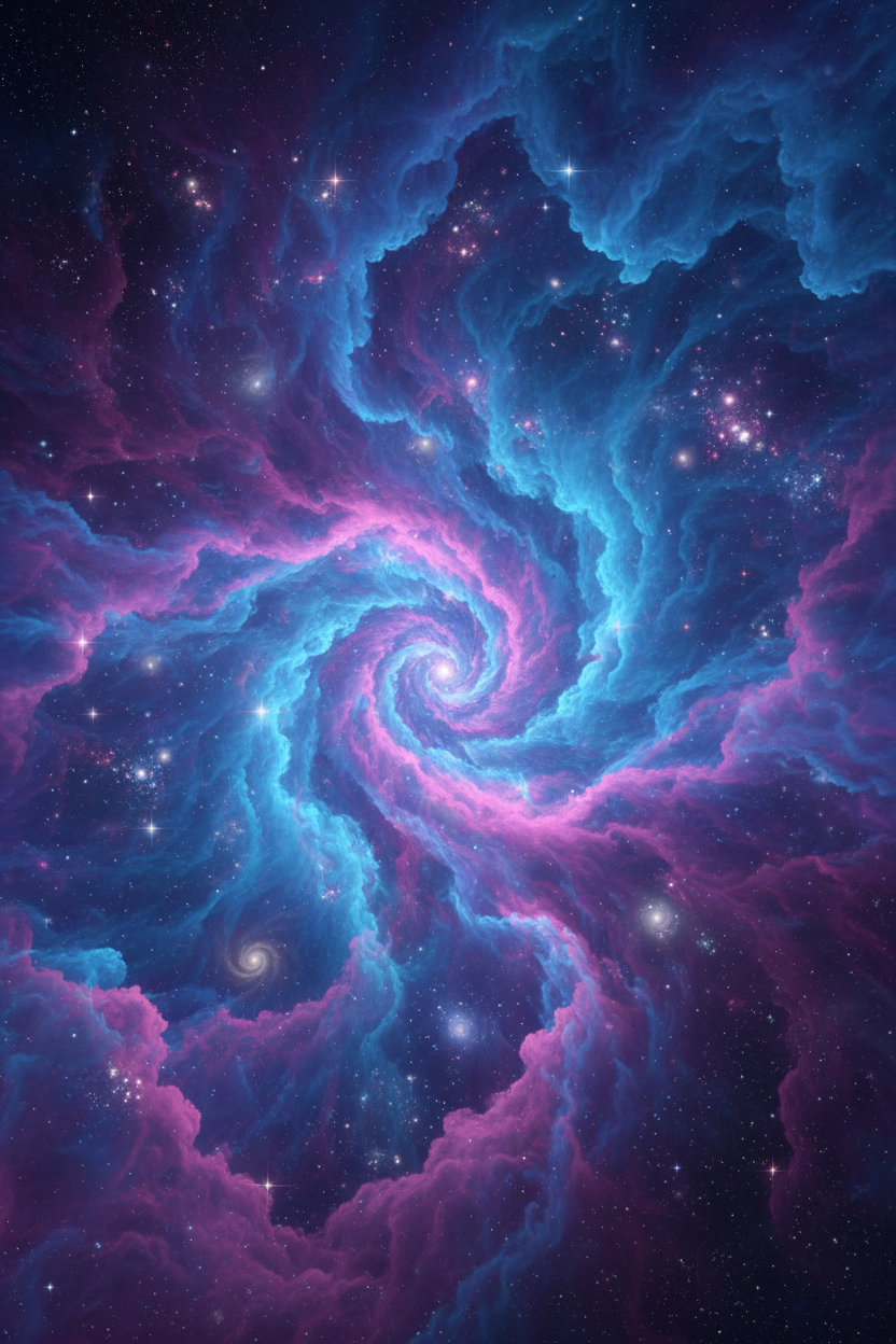 푸른색, 보라색, 분홍색의 생동감 넘치는 고화질 우주 성운 휴대폰 배경화면.