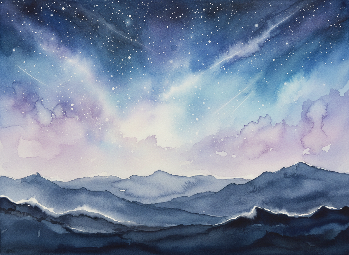 산 실루엣 위로 별이 빛나는 밤하늘을 수채화로 그린 그림, 성운 효과.
