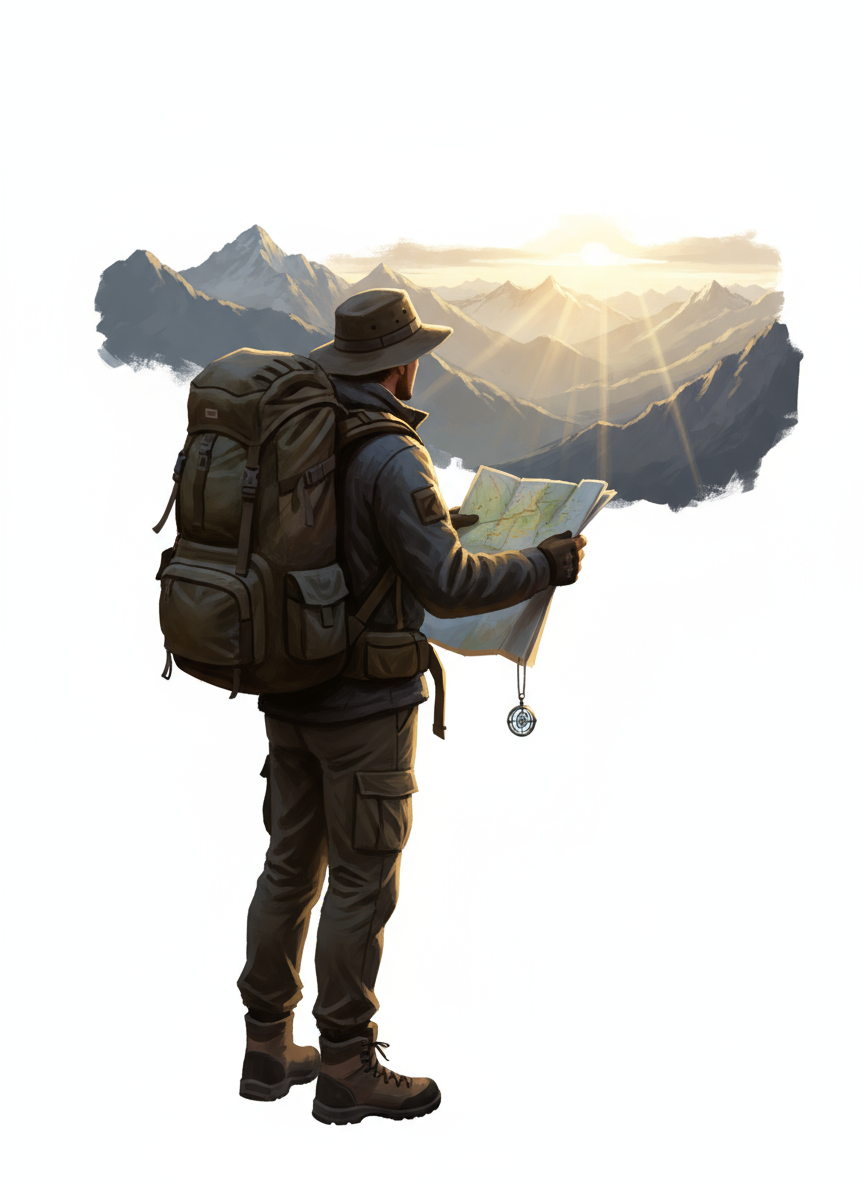 배낭과 지도를 든 모험가가 먼 곳을 바라보는 모습, 흰색 배경에 고립된 이미지.
