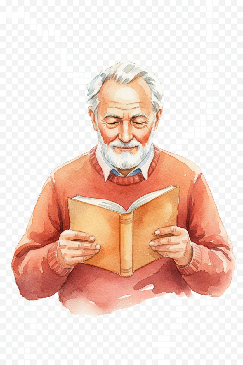 책을 읽는 노인의 수채화 그림, 배경 투명.