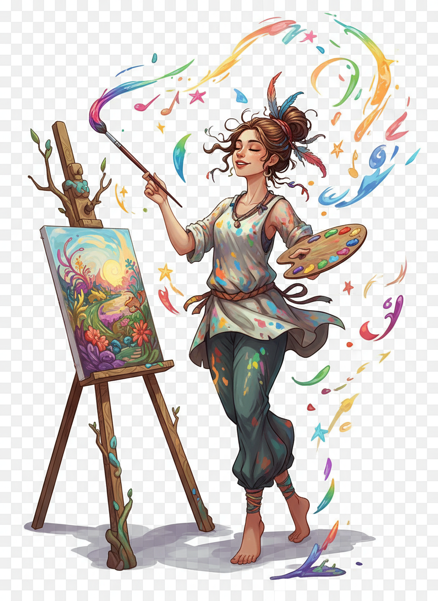 붓과 팔레트를 들고 이젤 옆에 서 있는 여성 화가의 투명 배경 이미지.