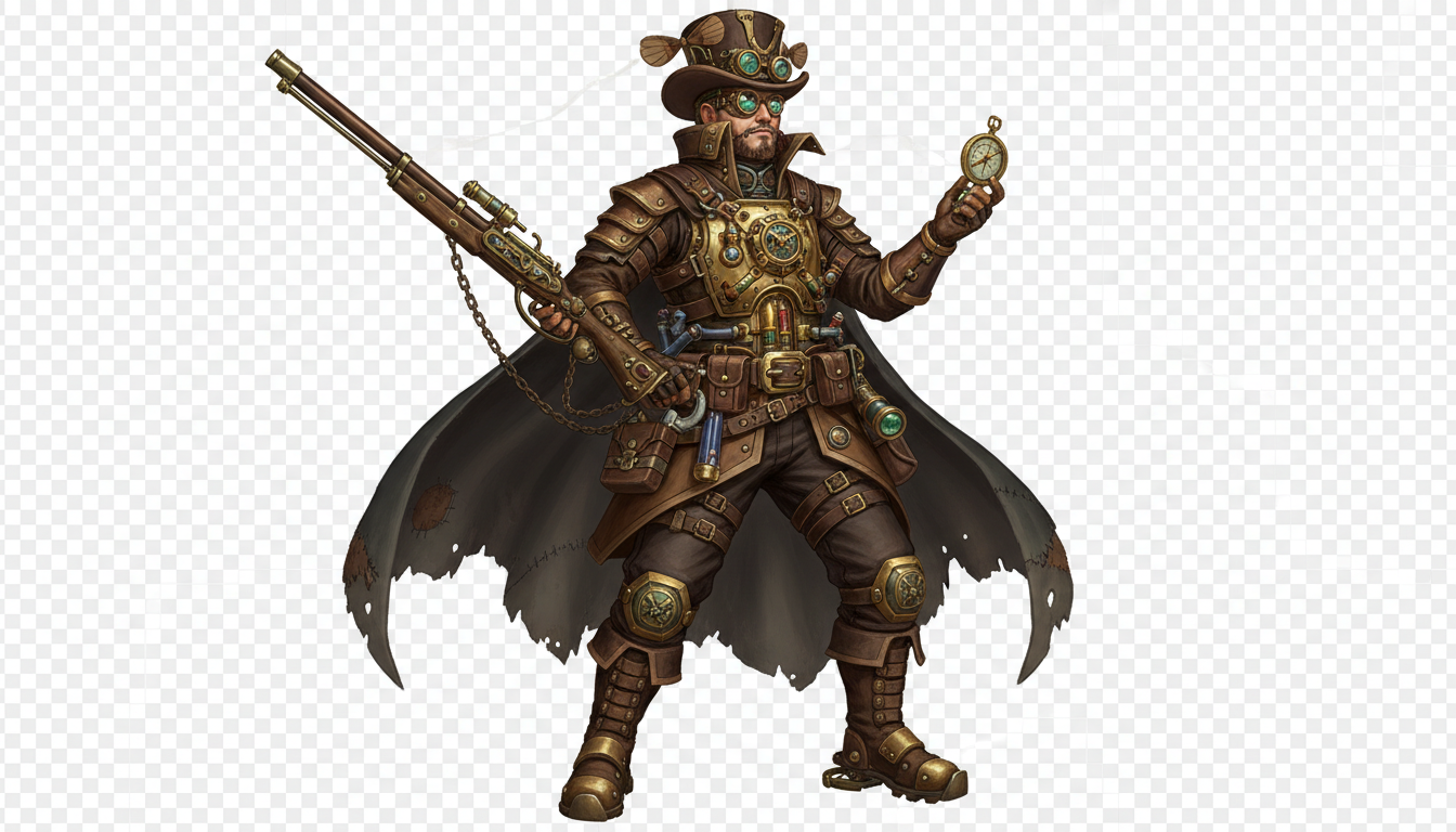 기어와 고글을 착용한 스팀펑크 캐릭터, 배경 투명.