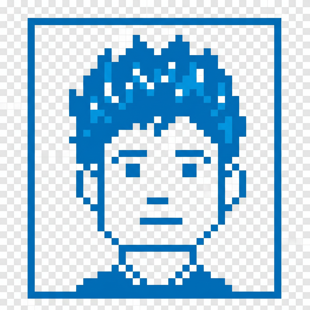 파란색과 흰색 팔레트의 8비트 레트로 픽셀 아트 사람 아이콘 머리.