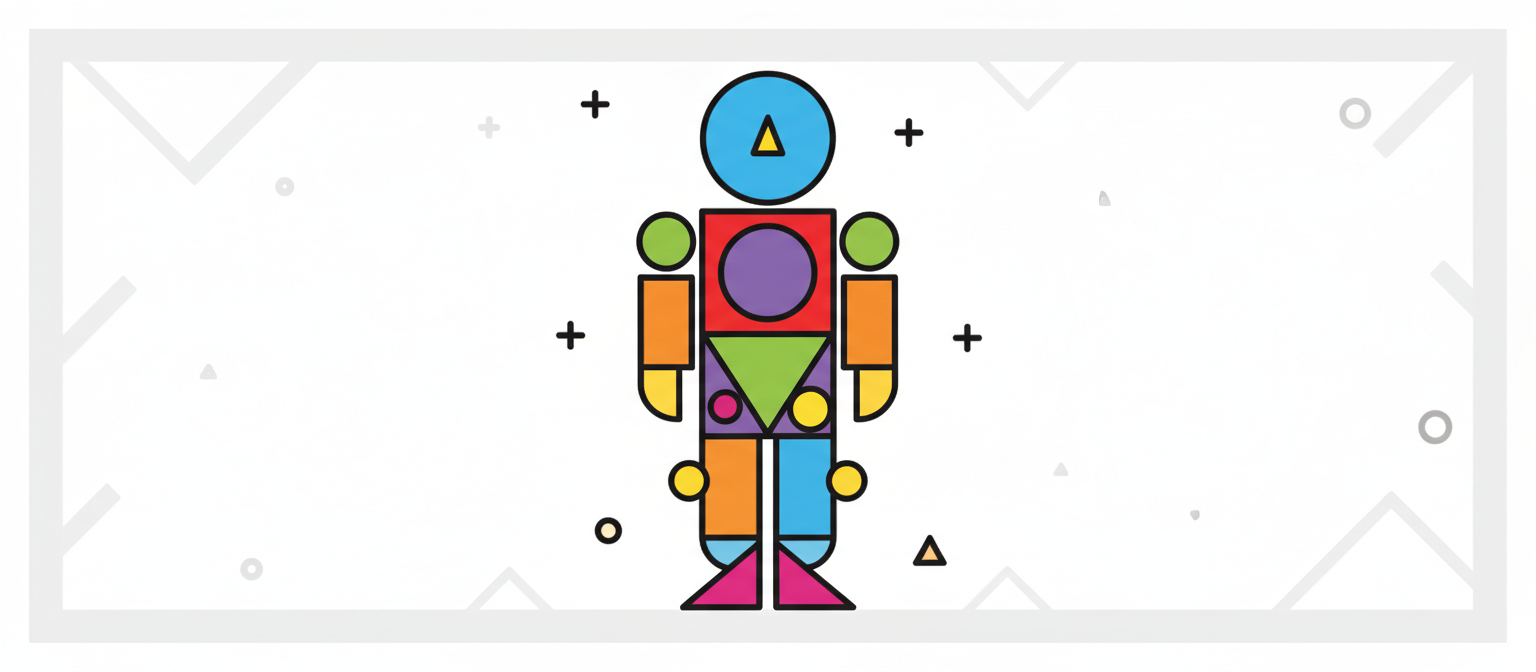 정사각형, 원, 삼각형과 같은 상호 연결된 다채로운 도형으로 구성된 추상적인 기하학적 사람 아이콘.