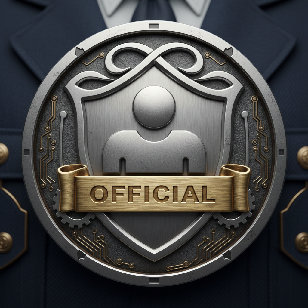 권위를 상징하며 금속 질감과 양각 효과가 있는 양식화된 배지 또는 방패 안에 통합된 사람 아이콘.