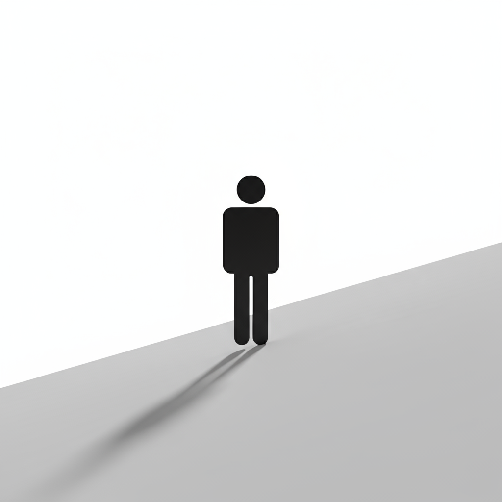 깔끔한 흰색 배경에 부드러운 그림자를 드리운 표면 위에 서 있는 미니멀리스트 전신 사람 실루엣 아이콘.