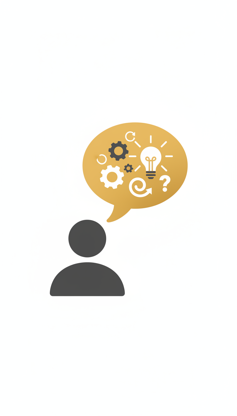 생각이나 숙고를 나타내는 노란색과 회색의 생각 풍선과 결합된 사람 아이콘.