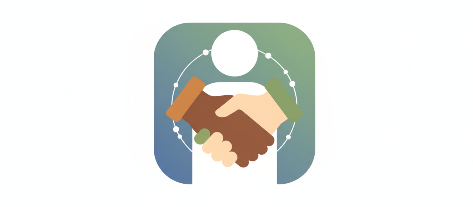 연결이나 공동체를 상징하는 단순화된 악수를 묘사한 사람 아이콘으로, 다양한 손 색상의 플랫 벡터 스타일.