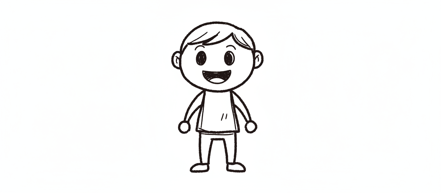 스케치 같은 선과 친근한 표정을 가진 손으로 그린 낙서 스타일의 사람 아이콘, 검은 잉크로 표현됨.