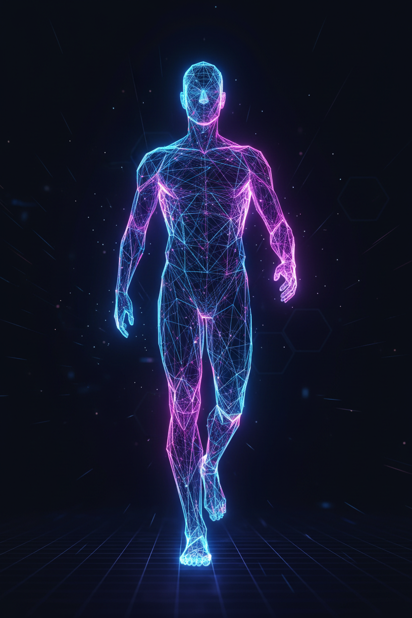 추상적인 3D 메쉬를 닮은 기하학적 와이어프레임 사람 아이콘으로, 기술적이고 미래 지향적이며 네온 불빛이 특징.