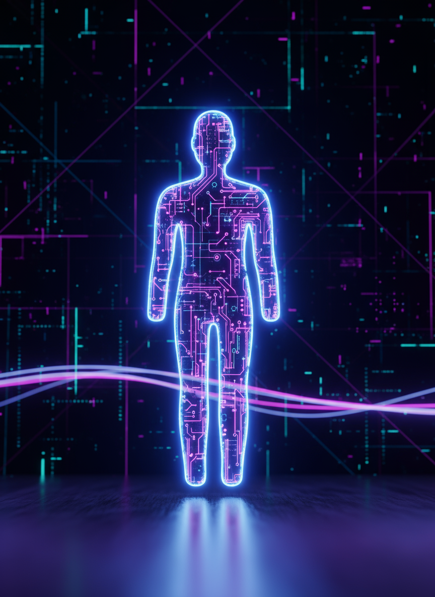 생생한 파란색과 보라색 빛을 발하는 미래적인 네온 사람 아이콘.