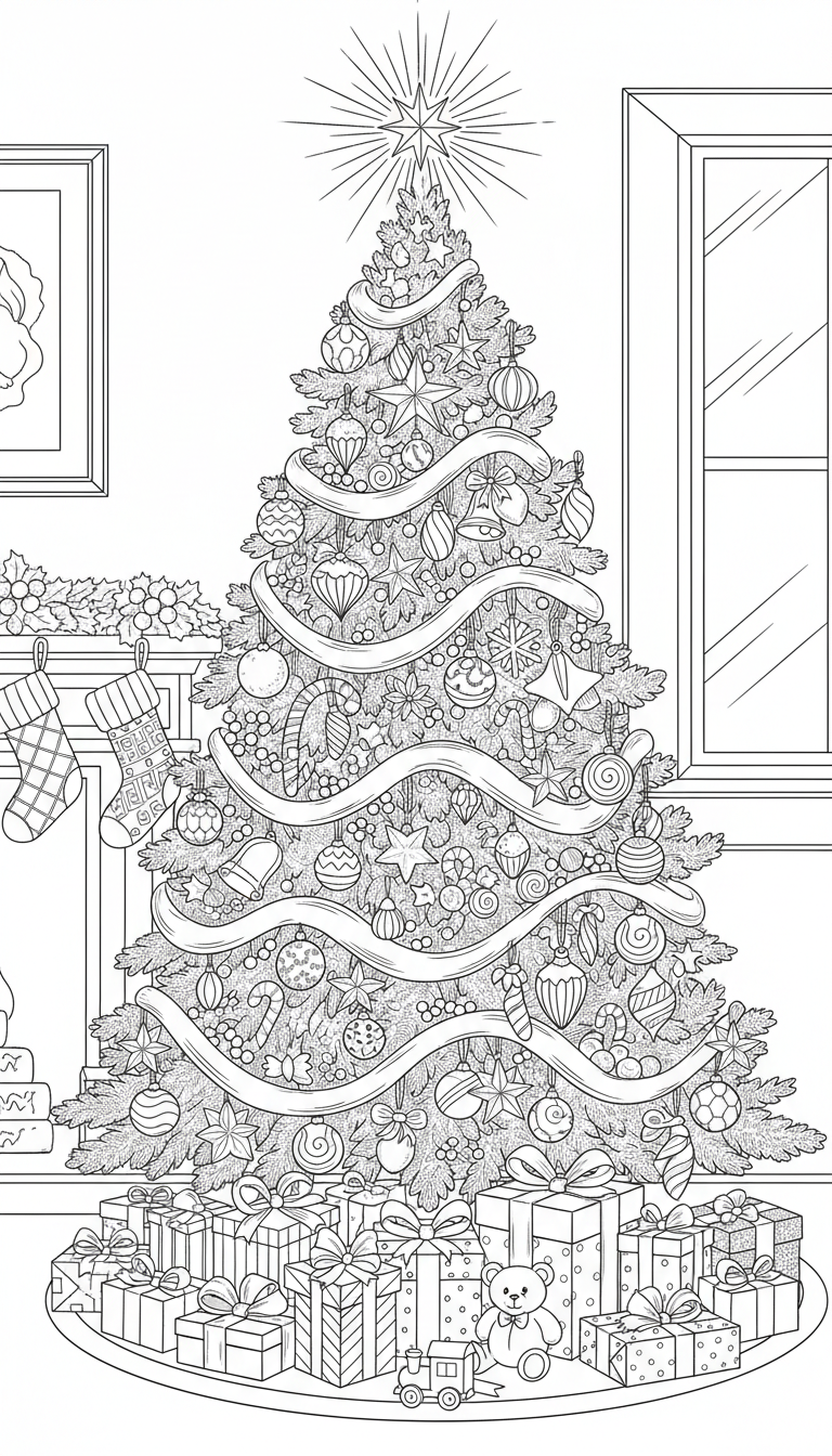 선물이 놓여진 아름답게 장식된 크리스마스 트리의 색칠공부 도안.