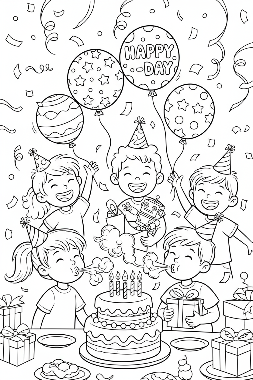 아이들이 촛불을 끄고 선물을 열며 풍선과 노는 축제 분위기의 생일 파티 색칠공부 도안.