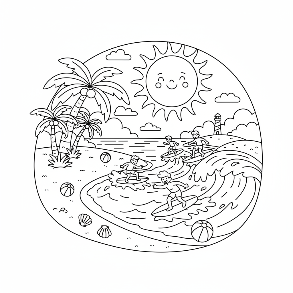 태양, 모래, 서퍼, 야자수가 있는 여름 해변 풍경 색칠공부 도안, 밝고 간단한 스타일.
