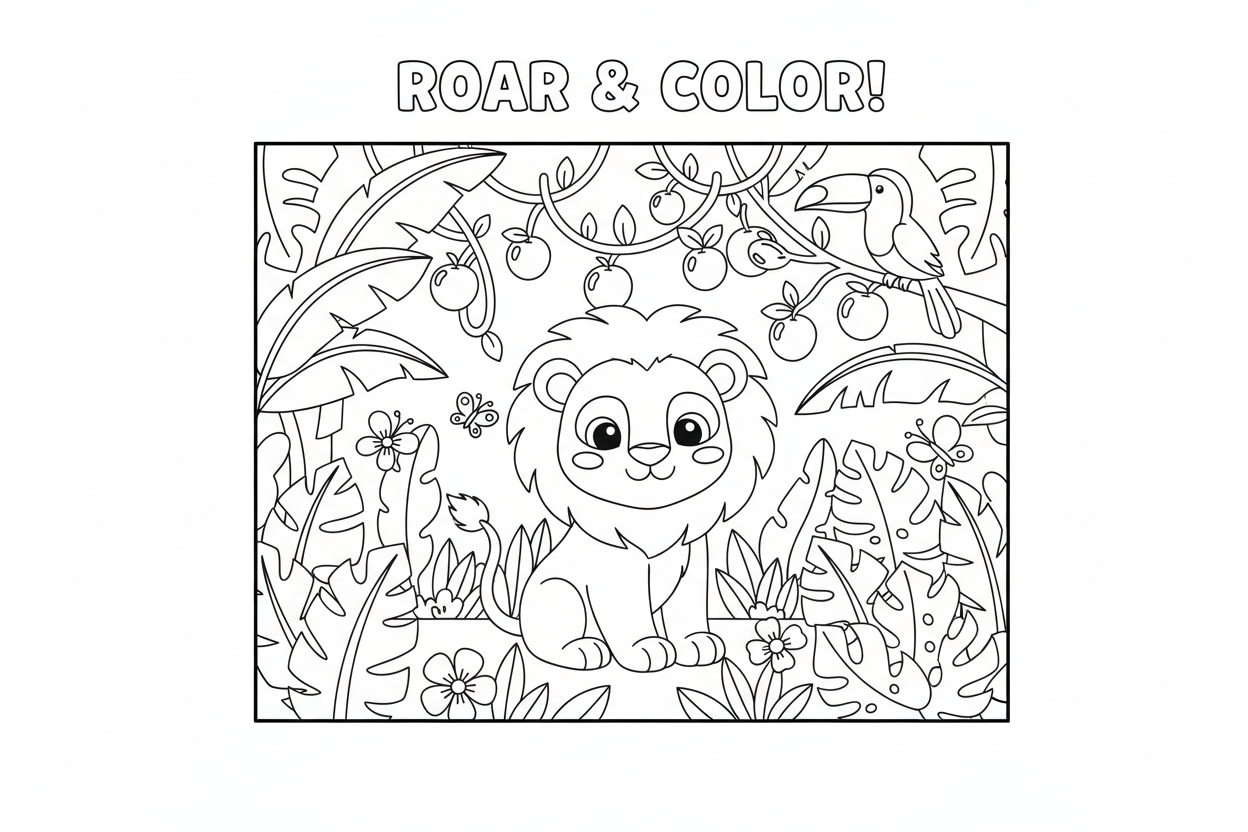 정글에 앉아있는 친근하고 웃는 아기 사자의 상세한 색칠공부 도안. 명확하고 두꺼운 윤곽선과 흰색 배경을 가지고 있습니다.