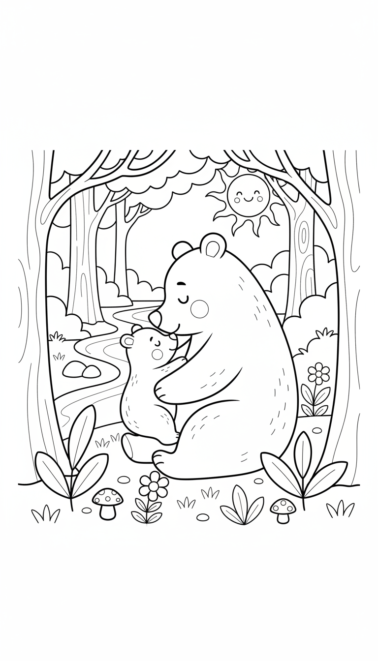 자연 숲 배경에서 사랑스러운 어미 곰과 아기 곰을 그린 따뜻한 야생 동물 가족 색칠공부 도안.