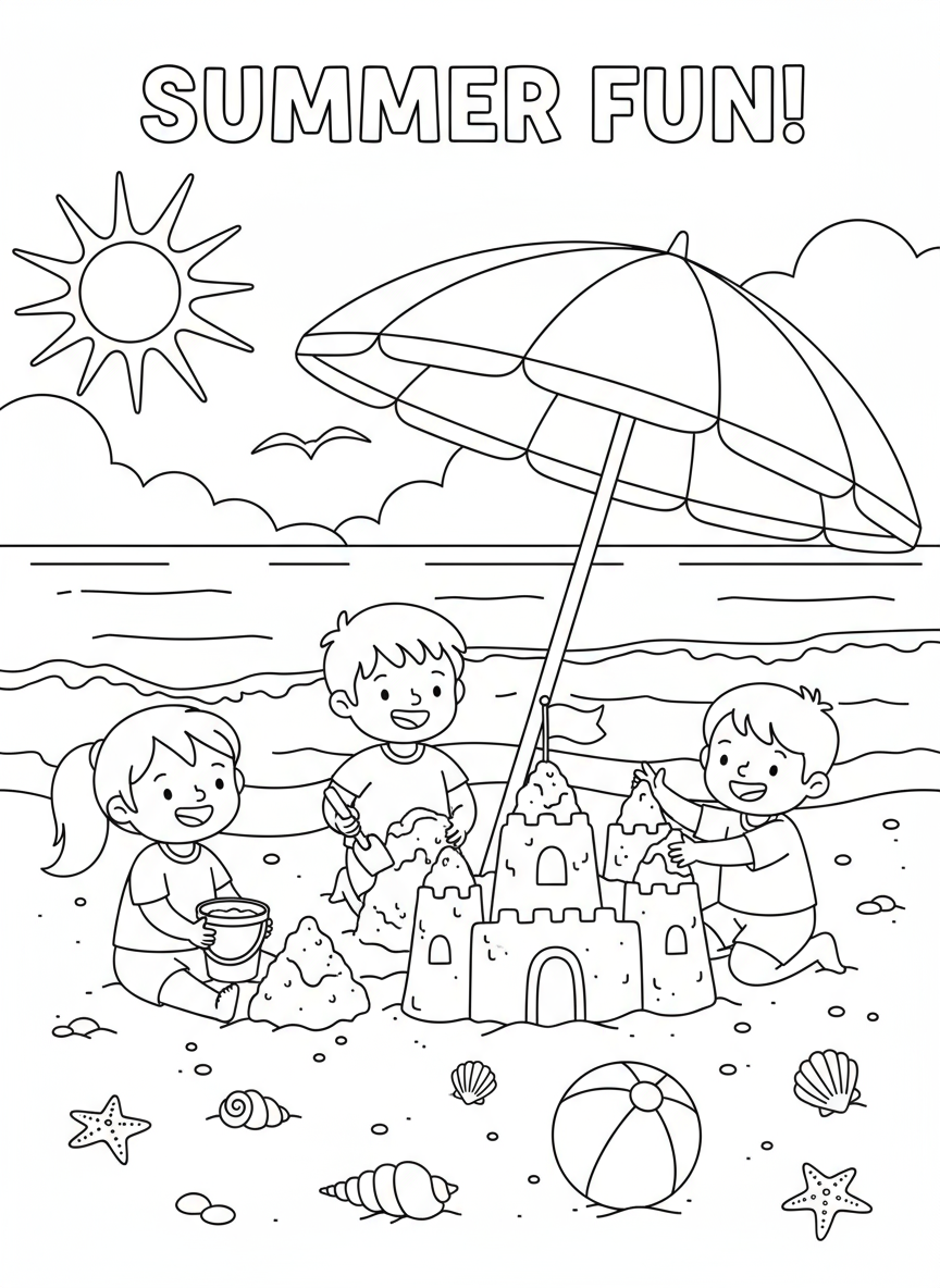아이들이 모래성 놀이를 하고 파라솔과 잔잔한 파도가 있는 바닷가 풍경의 생기 넘치는 여름 해변 색칠공부 도안.