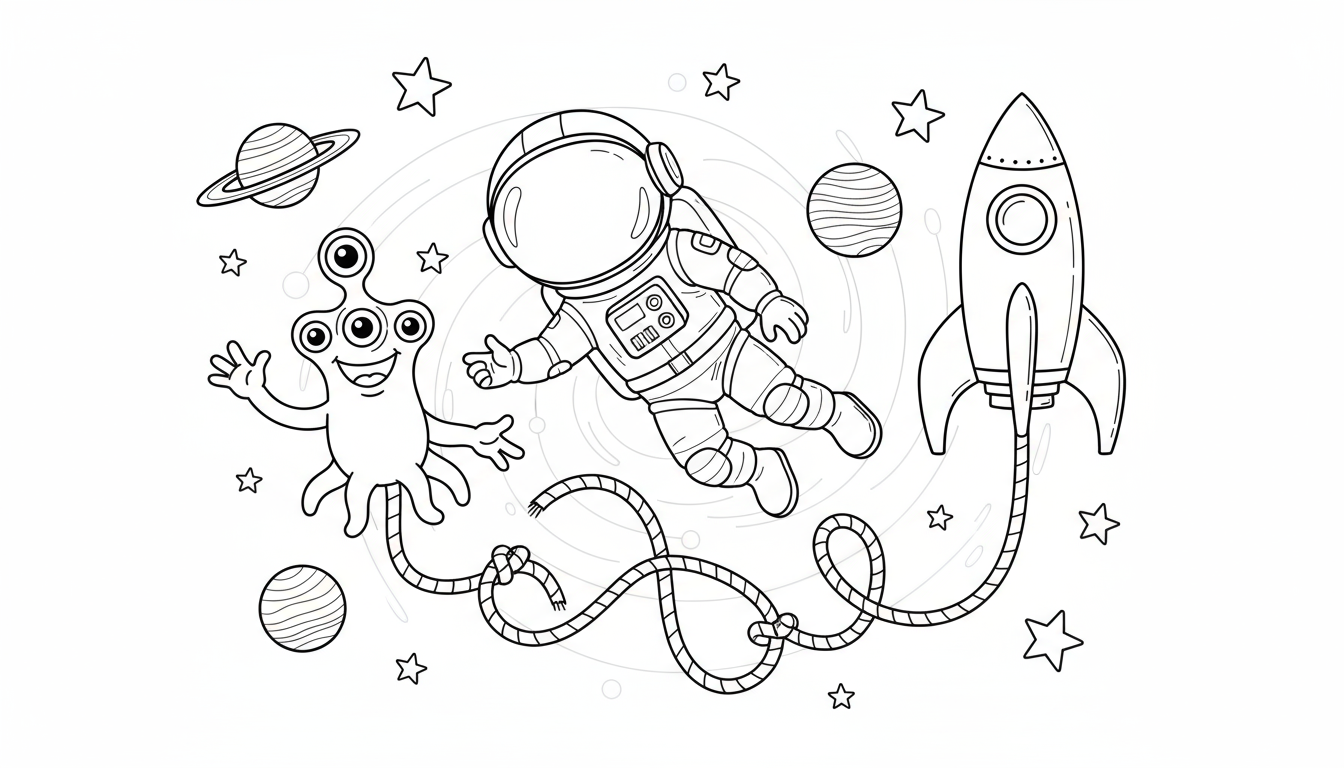 우주 비행사, 친근한 외계인, 로켓선이 별과 행성들 사이에 있는 우주 모험 색칠공부 도안.
