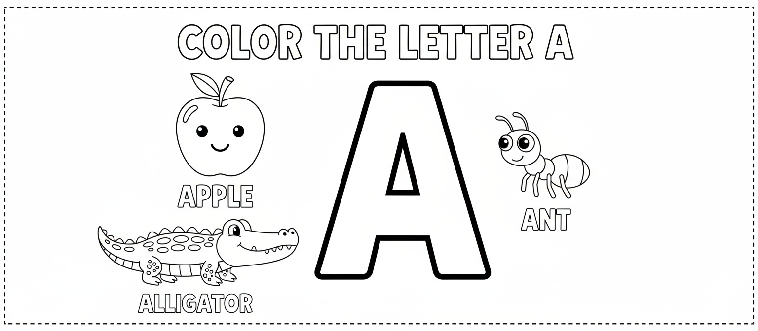 큰 글자 'A'와 사과, 악어, 개미가 있는 알파벳 색칠공부 도안, 교육용.