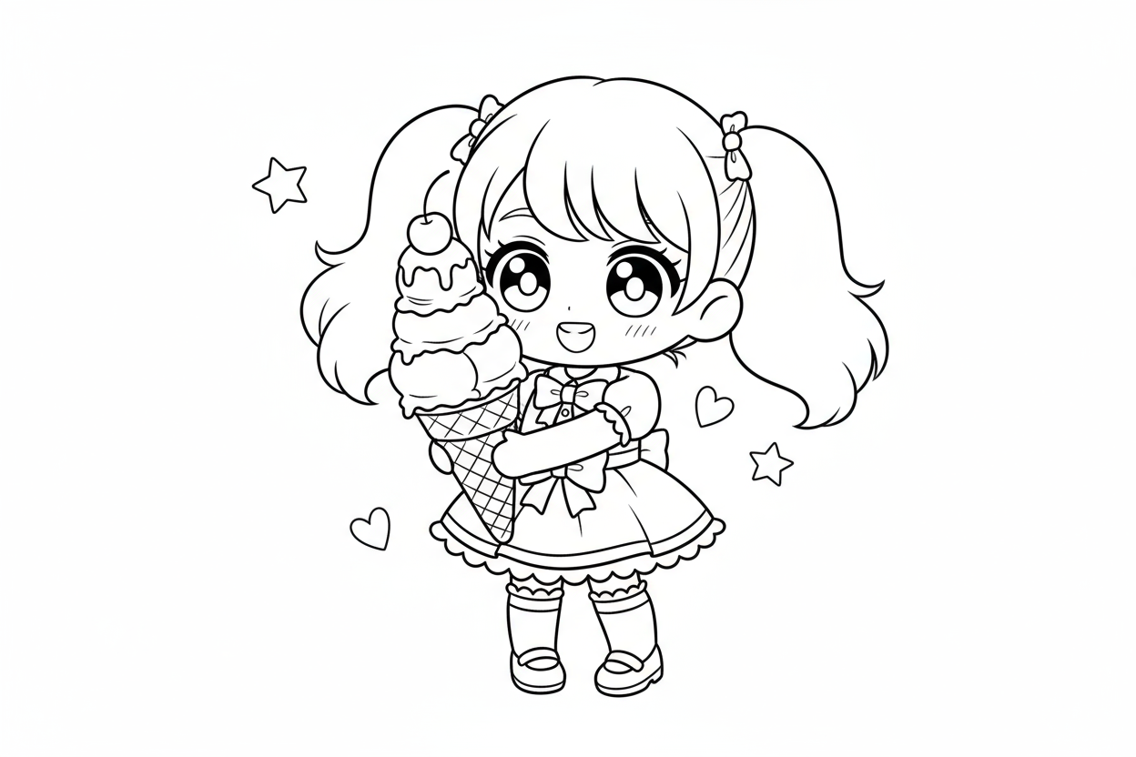 큰 아이스크림 콘을 들고 있는 귀여운 치비 소녀 캐릭터의 색칠공부 도안, 간단한 애니메이션 스타일.