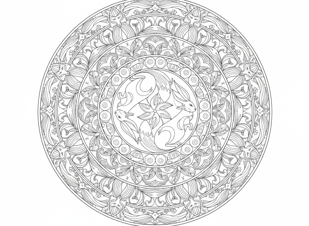 여우와 토끼가 얽힌 대칭적인 패턴의 동물 테마 만다라 색칠공부 도안, 스트레스 해소용입니다.