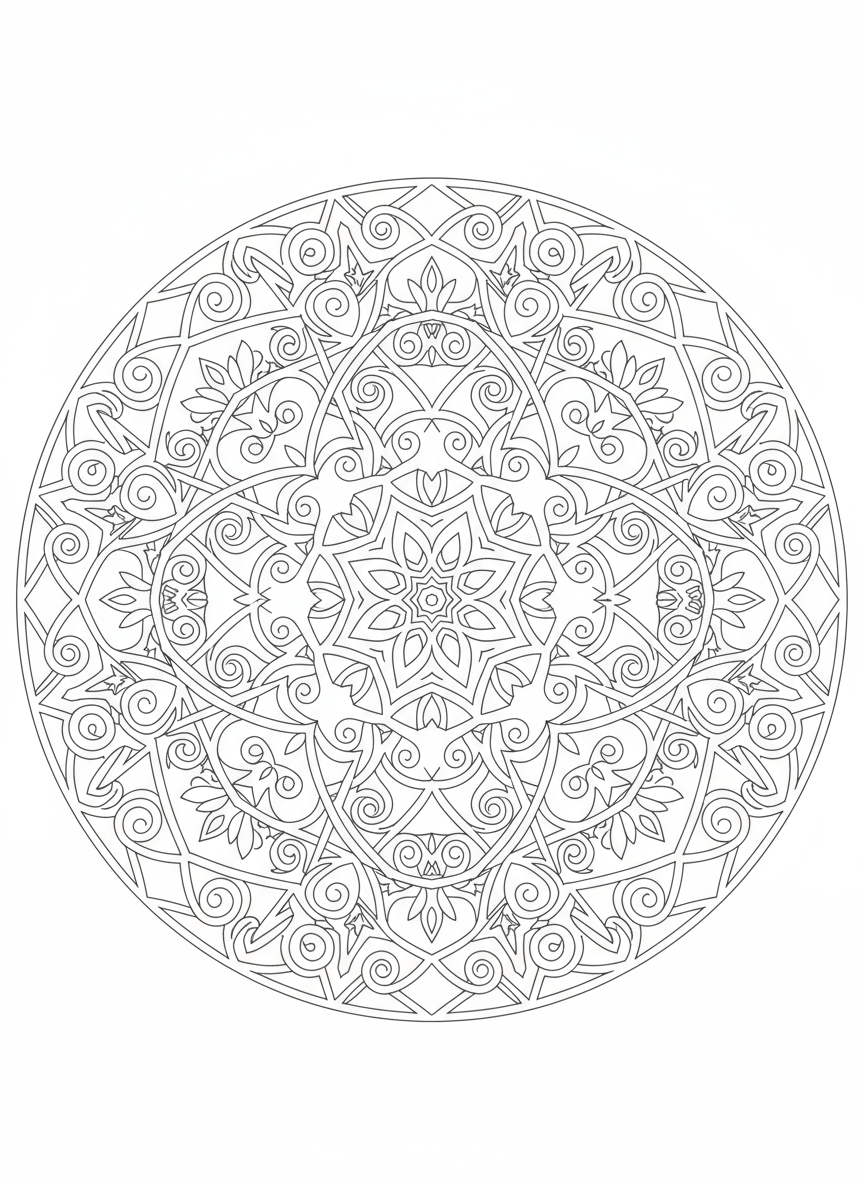 얽히고설킨 선과 도형으로 이루어진 복잡하고 대칭적인 만다라 스타일의 기하학적 패턴 색칠공부 도안.