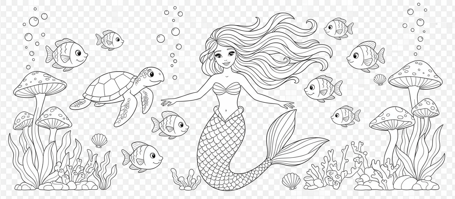 우아한 인어, 물고기, 바다거북, 산호가 함께 있는 매혹적인 수중 인어 장면 색칠공부 도안.