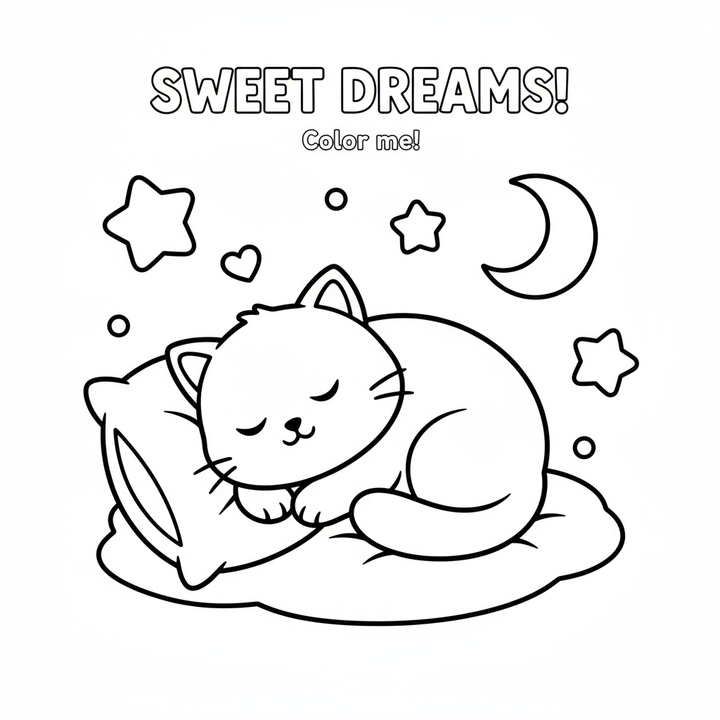 잠자는 아기 고양이의 귀여운 색칠공부 도안, 간단한 윤곽선으로 유아용으로 디자인되었습니다.