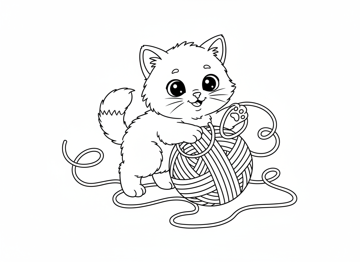 실뭉치를 가지고 노는 귀여운 아기 고양이의 간단한 색칠공부 도안, 선화.