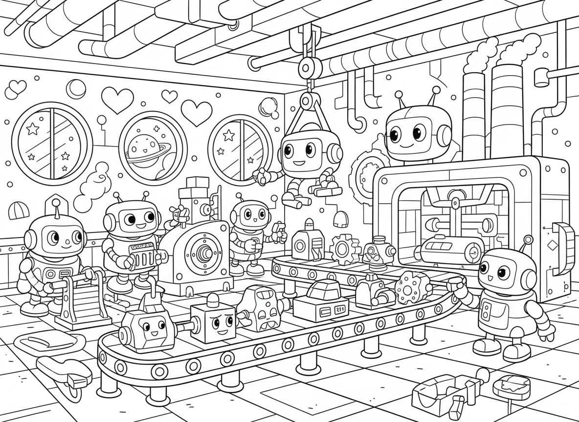 친근한 로봇들이 기계와 컨베이어 벨트를 다루는 미래형 로봇 공장 색칠공부 도안.