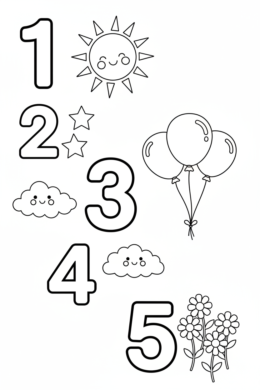 숫자 1부터 5까지의 색칠공부 도안. 각 숫자 옆에 태양, 별, 풍선 등 해당 수량의 사물이 있습니다.