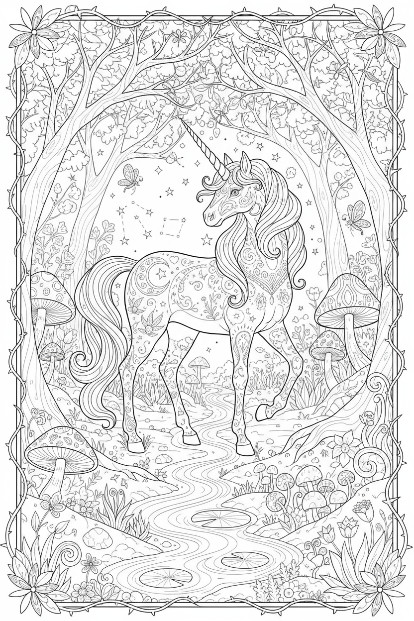 기묘한 숲에 서 있는 마법의 유니콘의 섬세한 색칠공부 도안, 복잡한 선화.