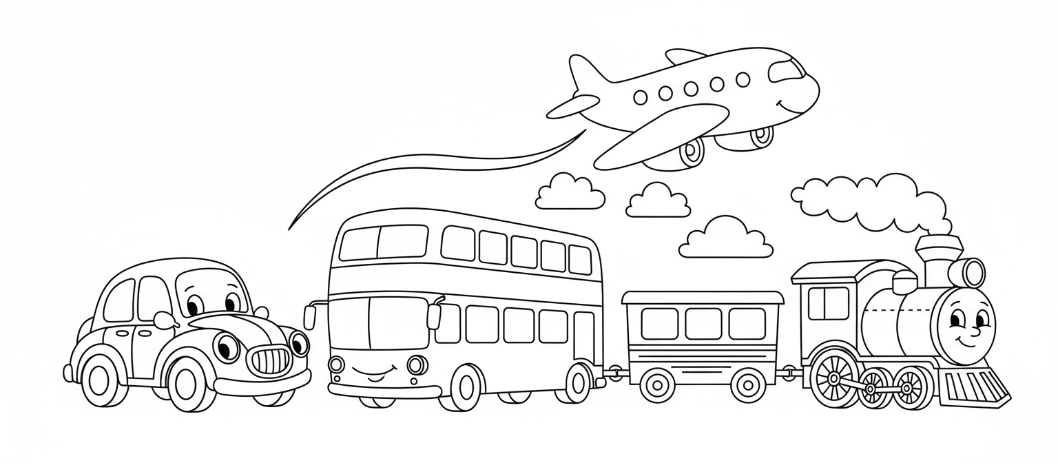 자동차, 버스, 기차, 비행기와 같은 다양한 교통수단이 있는 교통 색칠공부 도안. 간단하고 명확한 윤곽선입니다.