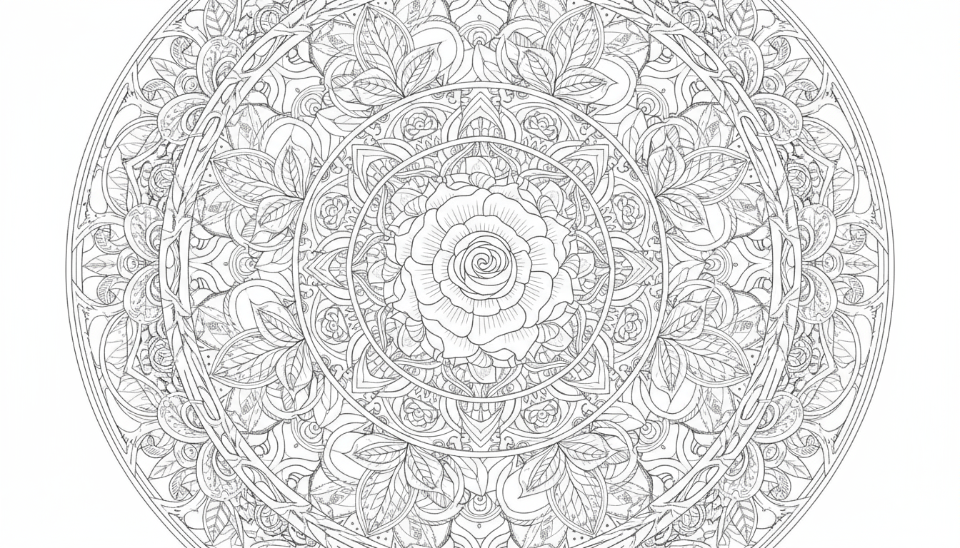 장미와 잎사귀 패턴의 복잡한 꽃 만다라 성인용 색칠공부 도안입니다.