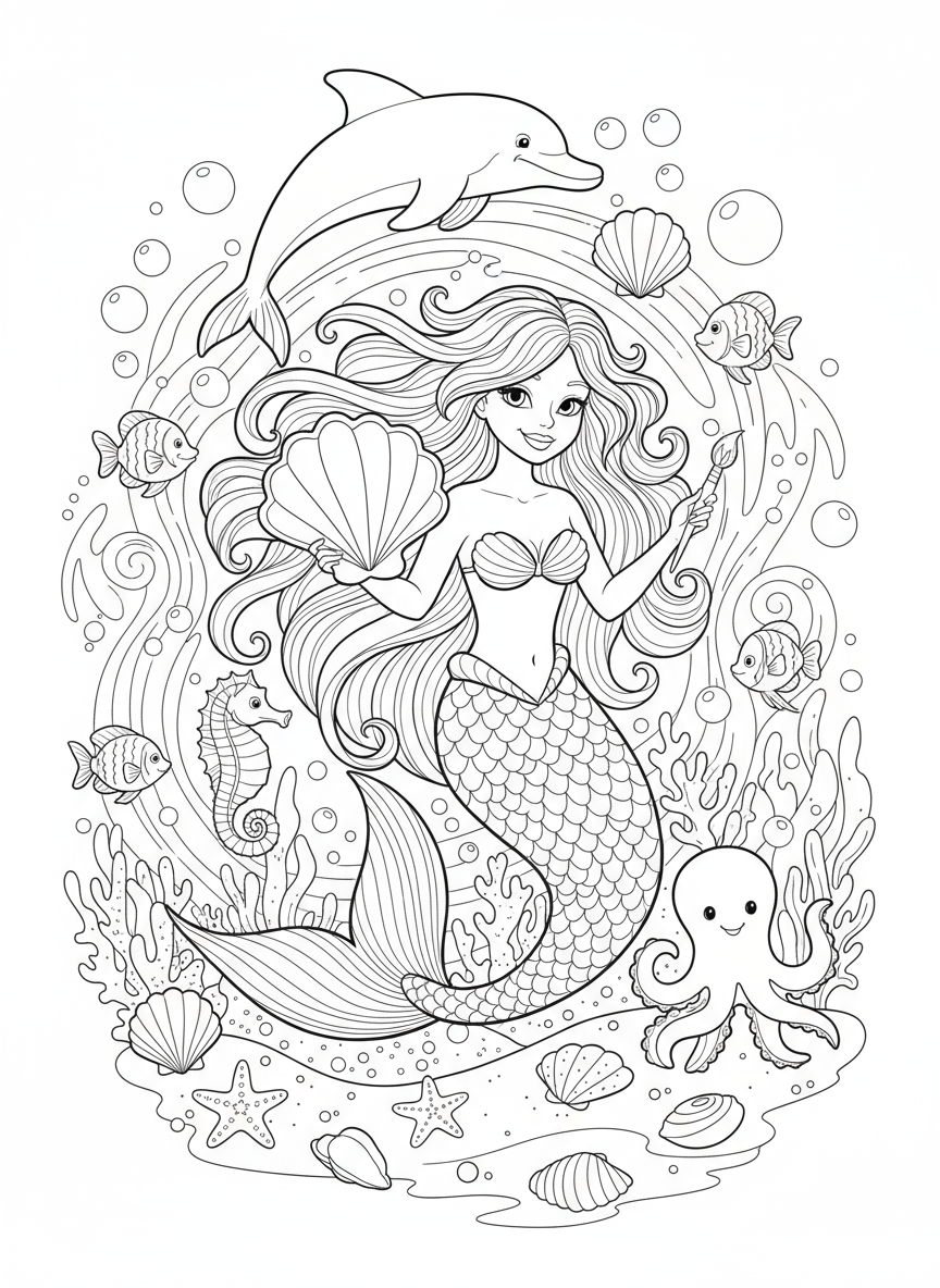 바다 생물과 조개껍질에 둘러싸인 아름다운 인어의 색칠공부 도안입니다.
