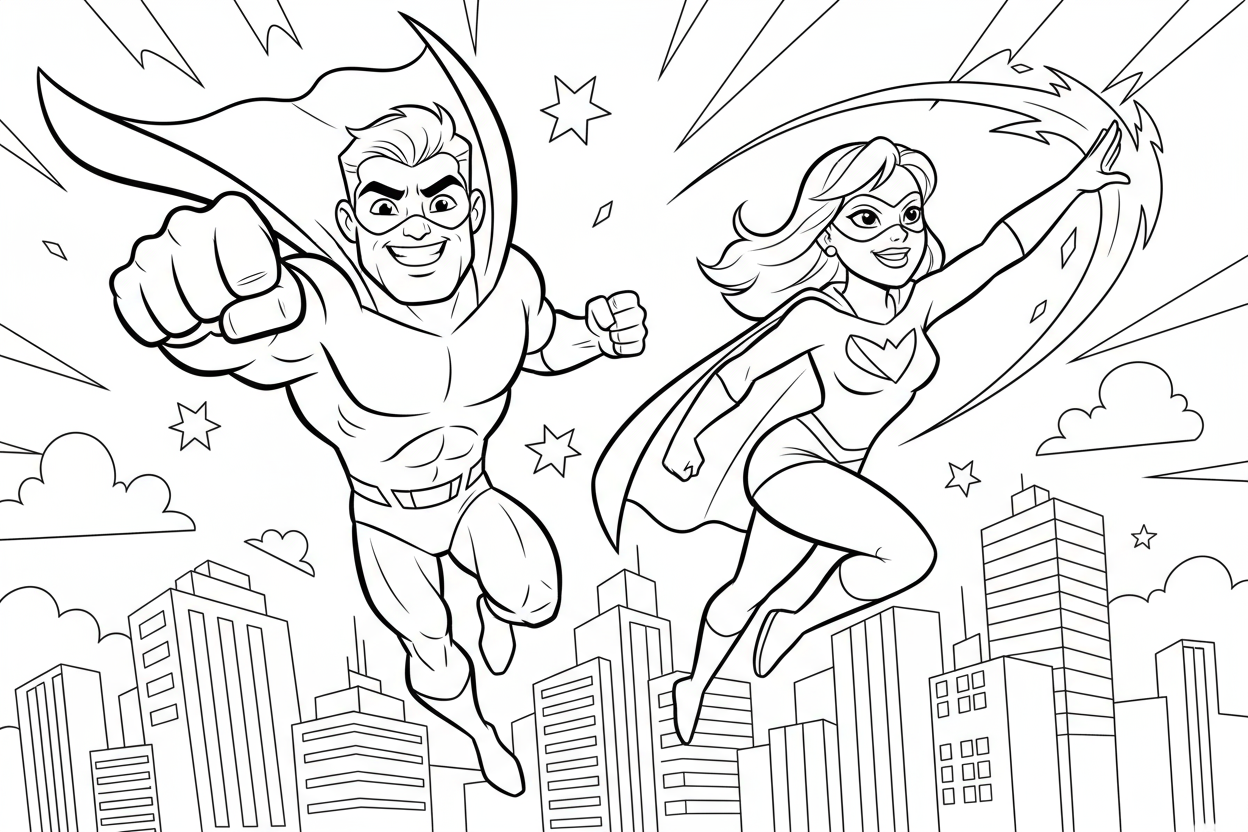 두 명의 만화 스타일 슈퍼히어로가 날아다니고 역동적으로 포즈를 취하는 색칠공부 도안. 도시 스카이라인이 배경에 있습니다.