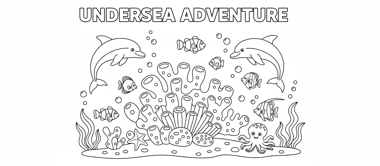 산호초 사이에서 뛰노는 돌고래와 물고기가 있는 바닷속 풍경 색칠공부 도안입니다.