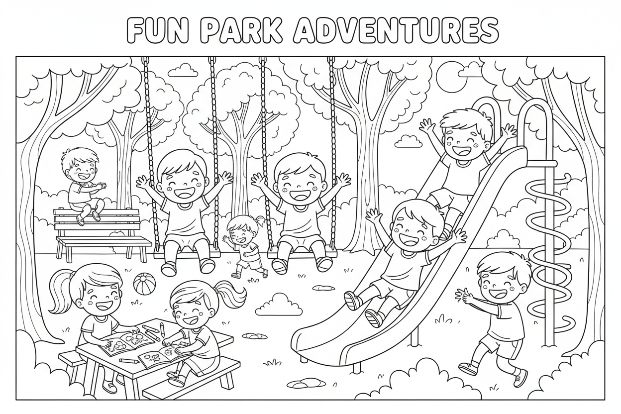 공원에서 즐겁게 그네를 타고 미끄럼틀을 타는 아이들의 색칠공부 도안입니다.
