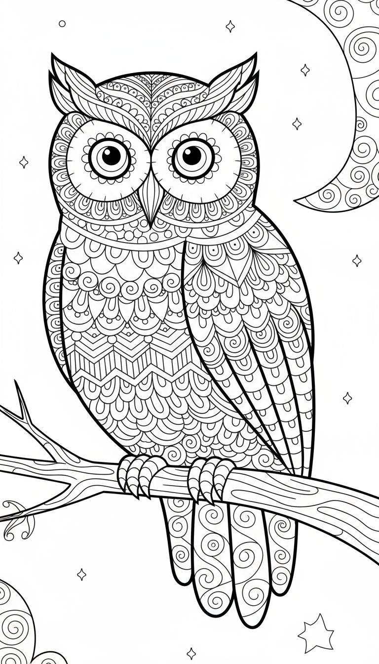 부엉이 몸통에 복잡한 반복 패턴이 있는 추상적인 젠탱글 스타일의 동물 색칠공부 도안입니다.