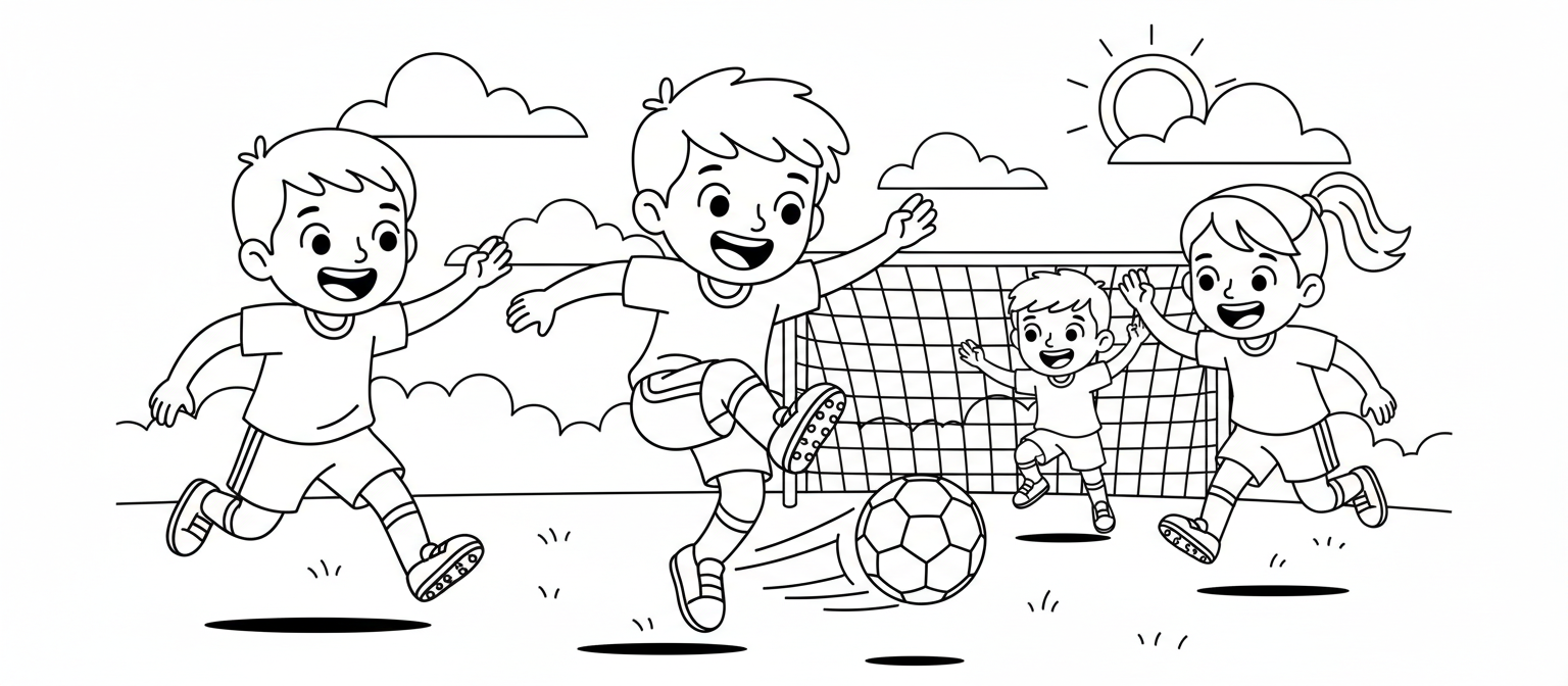 아이들이 축구하는 역동적인 모습의 색칠공부 도안입니다.