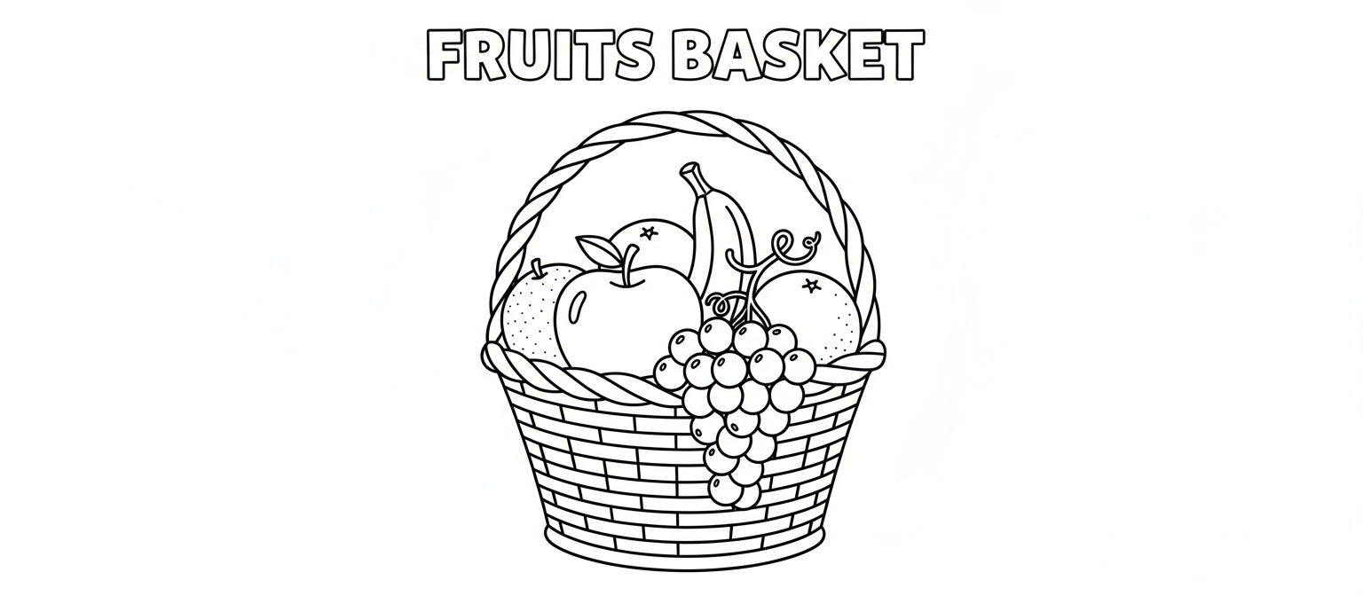 다양한 과일이 가득 담긴 바구니의 교육용 색칠공부 도안입니다.