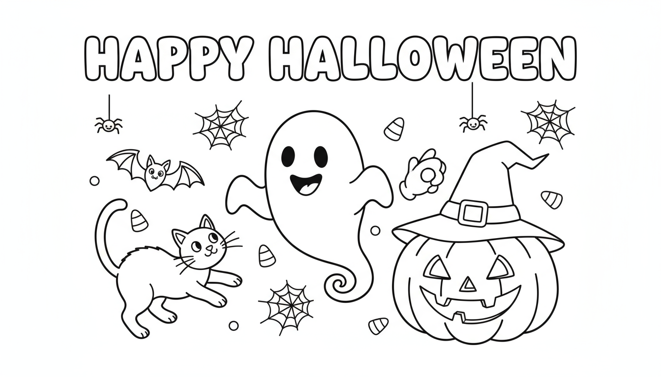 친근한 유령, 조각된 호박, 마녀 모자, 검은 고양이가 장난스럽게 모여있는 귀엽고 으스스한 할로윈 색칠공부 도안.