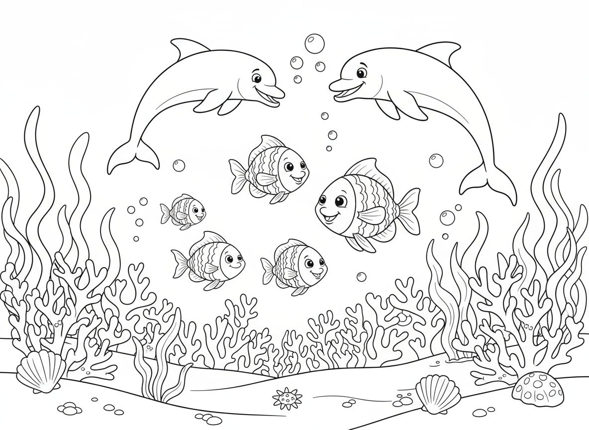 물고기, 돌고래, 산호, 해초가 있는 간단한 만화 스타일의 수중 풍경 색칠공부 도안.