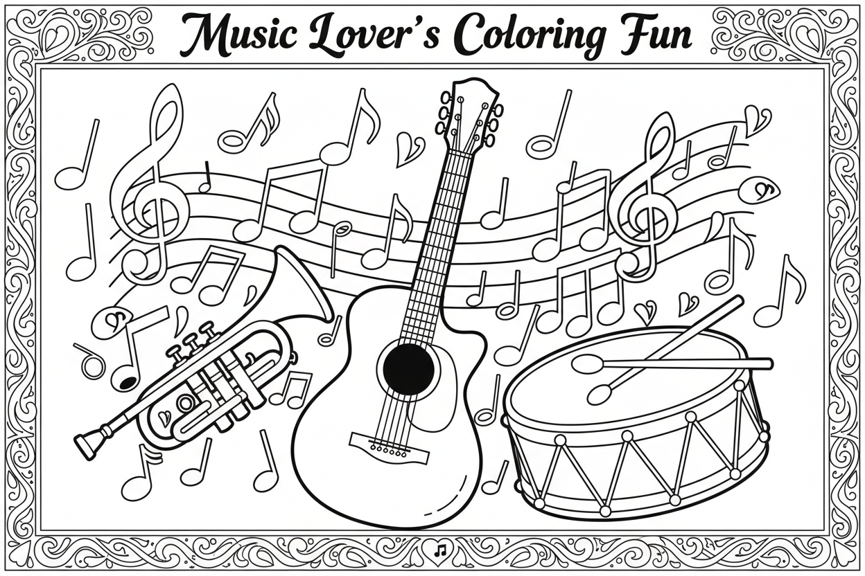 간단한 배경에 어쿠스틱 기타, 트럼펫, 드럼, 음표가 있는 악기 색칠공부 도안.
