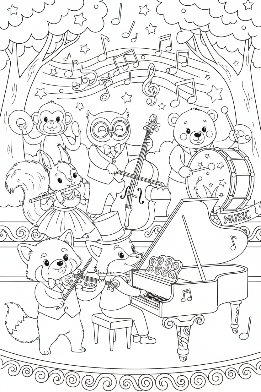 바이올린, 피아노, 트럼펫 등 악기를 연주하는 귀여운 동물 오케스트라의 색칠공부 도안입니다.