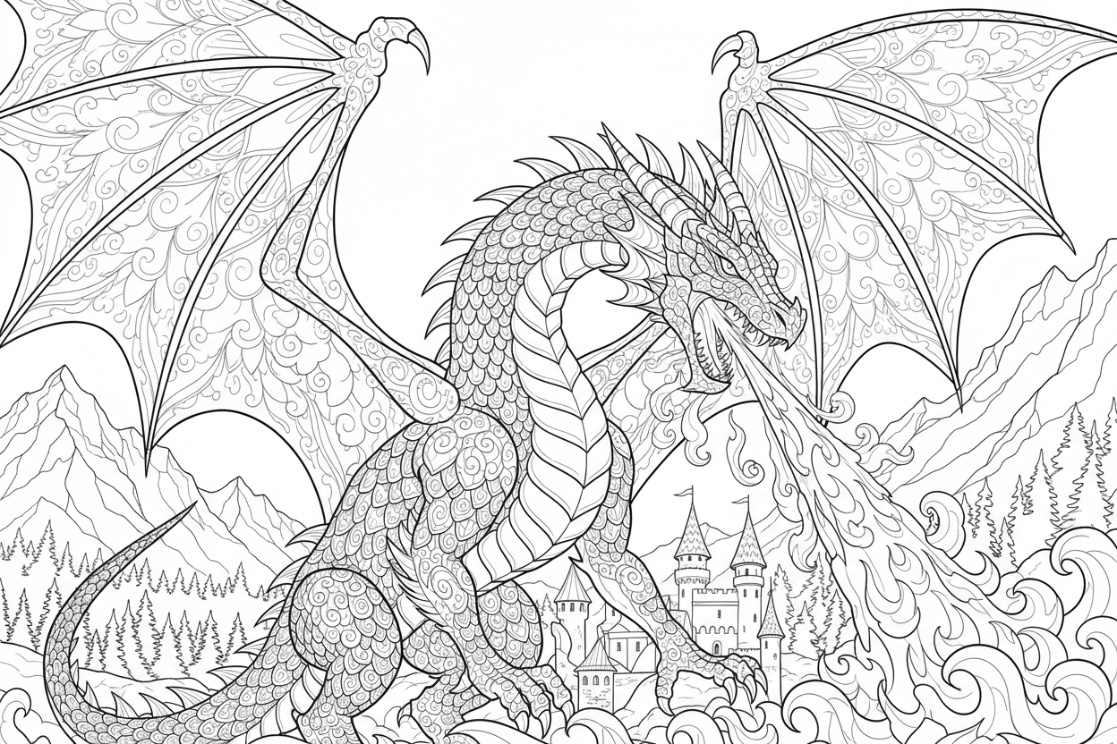 불을 뿜는 강력한 용의 색칠공부 도안, 상세한 비늘과 날개를 가지고 있습니다.